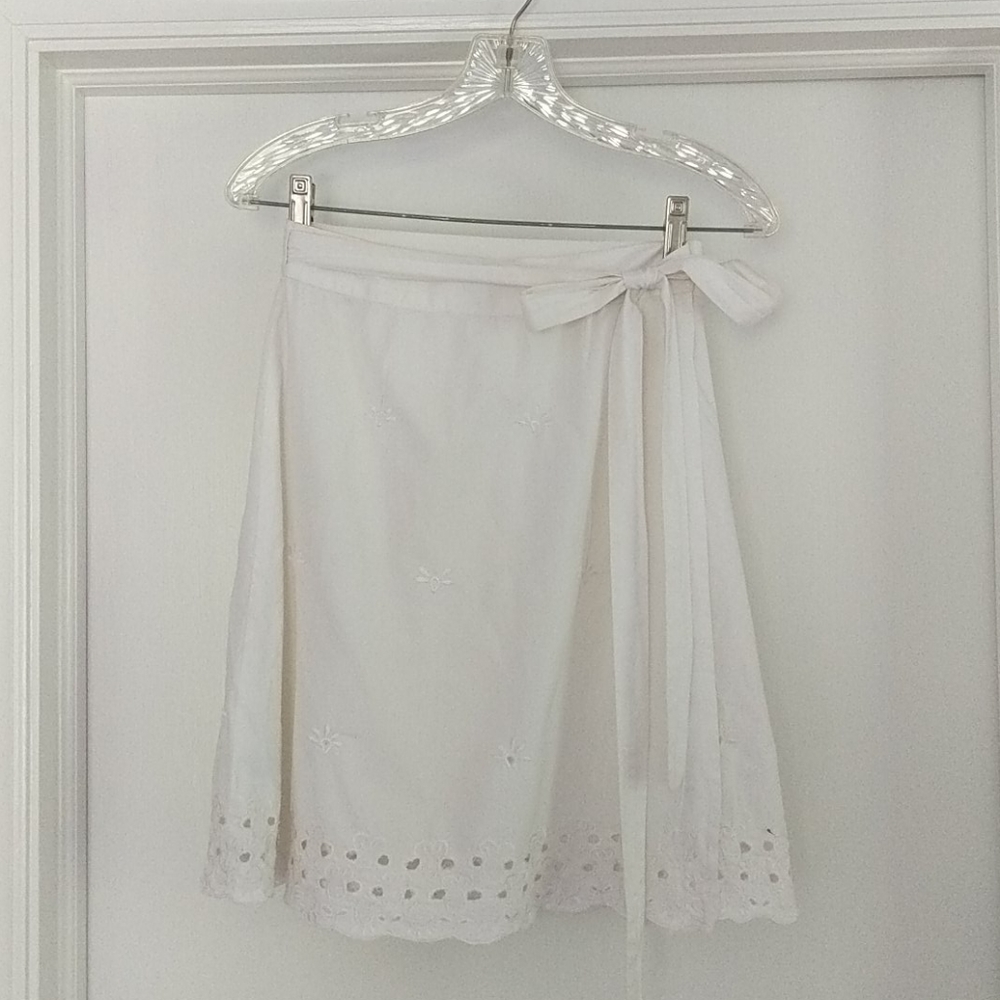 Diane von Furstenberg white eyelet wrap skirt.